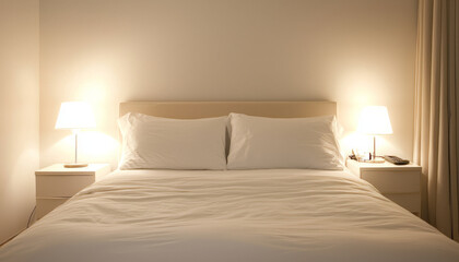 Serene minimalist bedroom with soft lighting and white bedding