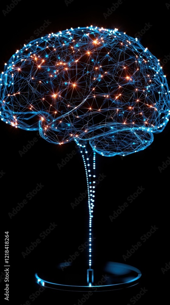 Poster a glowing, interconnected brain made of bright lines and dots, symbolizing neural networks and cogni