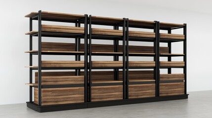 23.A detailed rendering of a multi-tiered rack with textured wooden planks and sleek black metal framing, emphasizing contemporary aesthetics in a standalone design.
