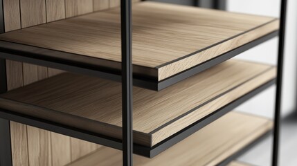 23.A detailed rendering of a multi-tiered rack with textured wooden planks and sleek black metal framing, emphasizing contemporary aesthetics in a standalone design.