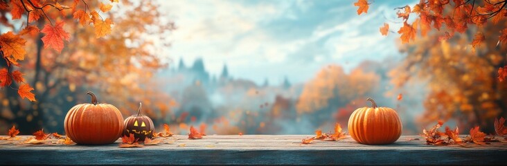 Vibrant Autumn Scene with Decorative Pumpkins Surrounded by Colorful Fall Foliage and a Soft Misty Background in a Charming Outdoor Setting
