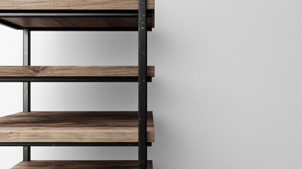 23.A detailed rendering of a multi-tiered rack with textured wooden planks and sleek black metal framing, emphasizing contemporary aesthetics in a standalone design.