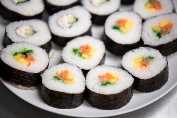 Okazuya maki sushi platter close up in Japanese deli