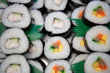 Okazuya sushi pieces close up in Japanese deli