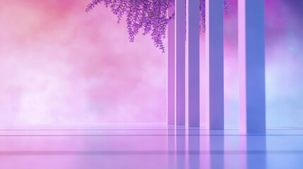 Ethereal lavender landscape with columns and soft pastel colors, creating serene atmosphere