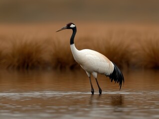 Obraz premium White-naped crane wading in shallow water