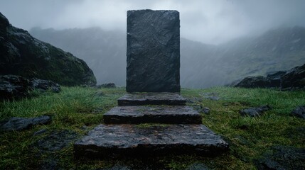 Stone steps leading to a large stone slab in a misty mountain landscape