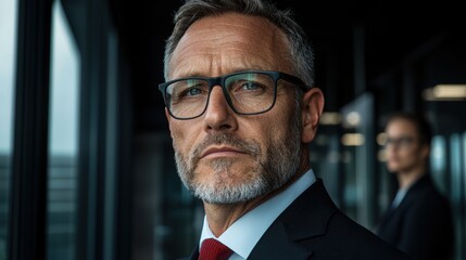Confident businessman in glasses looking at the camera