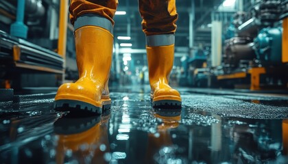Manufacturing Workers' Workplace Safety Steel-Toed Boots and Gloves on Slippery Floors Essential Safety Measures for Preventing Accidents in Industrial Settings Hazard Awareness Training Crucial for