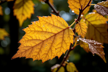 Obraz premium autumn leaves with crystalline dewdrops forming as the morning chill sets in. capturing the cool and refreshing air of the season. the delicate beauty and transient nature of autumn's early mornings.