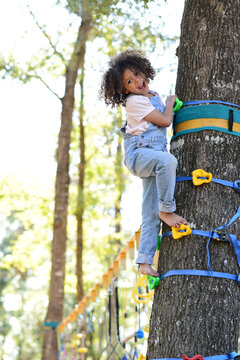 Smiling child climbing a tree with colorful grips in a forest se