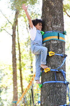 Child climbing a tree with colorful grips, raising one arm in jo