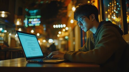 87.A focused young man working on his laptop in a brightly lit cafÃ©, with a pop-up message about WiFi connectivity issues visible on the screen and a phone resting nearby on the table.