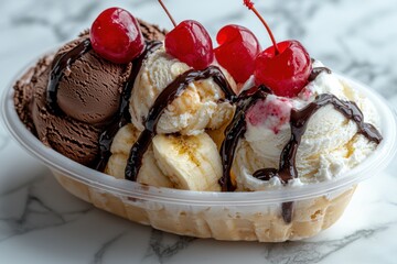Banana split sundae with chocolate and vanilla ice cream, cherries and chocolate sauce