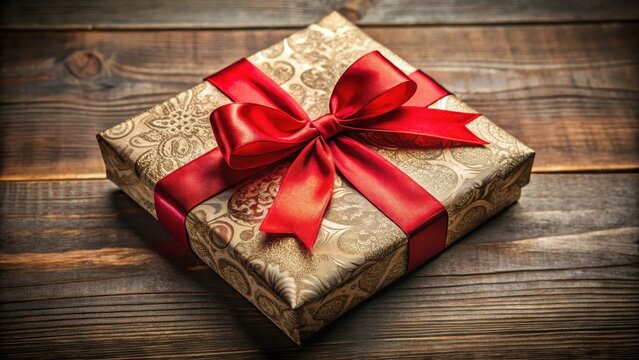 A beautifully crafted gift box with a vibrant red ribbon tied around its middle, adorned with delicate patterns and textures that add to its elegance , present, elegant