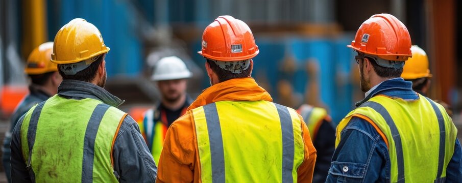 Team-Focused Safety Briefing Construction Workforce in Protective Gear Adhering to Safety Measures A group of construction workers participates in a mandatory safety briefing within a designated