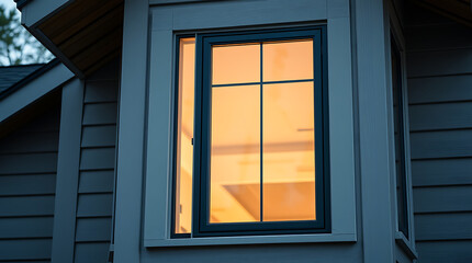Fototapeta premium Modern Home Exterior with Illuminated Window at Dusk: Sleek Design and Architectural Details
