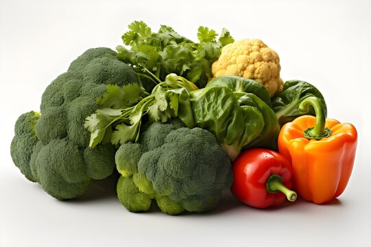 A set of fresh healthy vegetables, including broccoli, carrots, and bell peppers, isolated on a clean white background, with vibrant colors and natural textures captured in high detail.