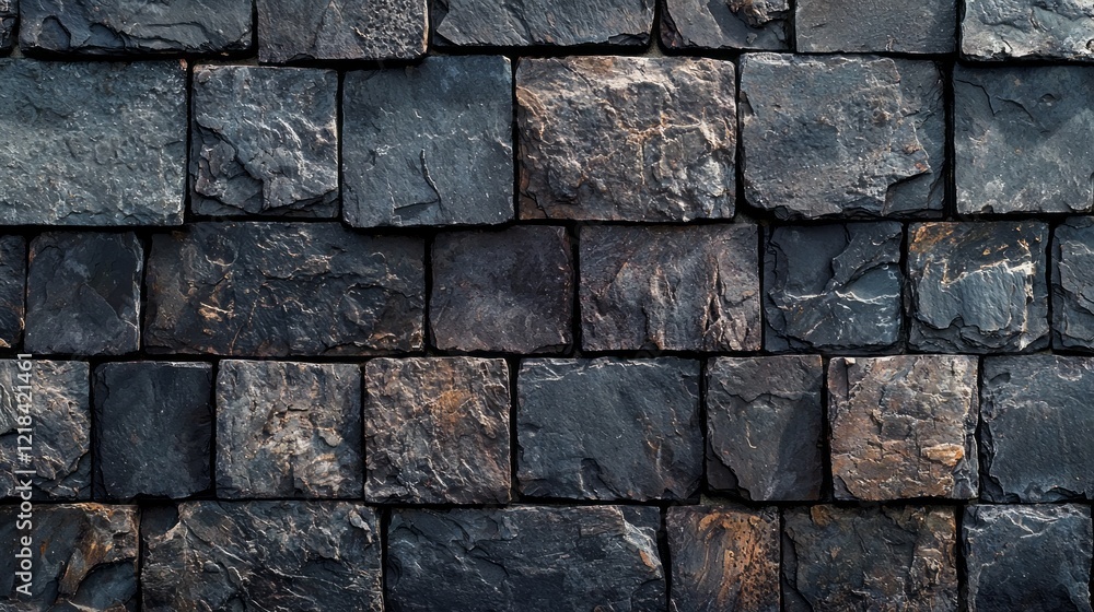 Poster Crafted from skillfully arranged slate tiles, this roof showcases an intricate pattern of dark and textured surfaces. Its design highlights the natural beauty and durability of slate in architecture