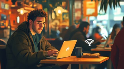89.A man seated at a cozy cafe, leaning slightly forward toward his laptop with a concerned expression as the WiFi symbol on the screen shows weak connectivity, with a bustling cafÃ© scene around him.