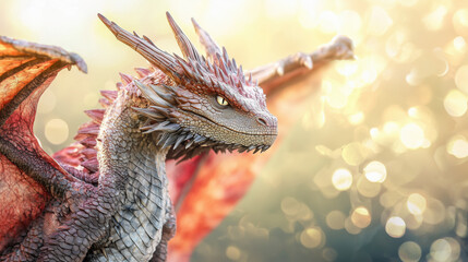 A radiant red and silver dragon poised in golden sunlight with shimmering wings