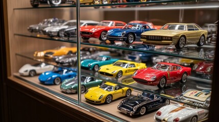 51.A modern glass shelving unit within a closet, showcasing an array of detailed car miniatures of varying styles and colors, reflecting the light beautifully.