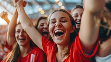 Portrait of female soccer fans cheering on their favorite team in the stadium, AI generated image