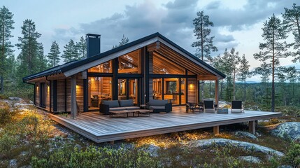 Obraz premium Cabin at twilight in forest with deck used for peaceful getaway.