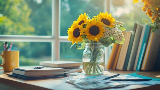 Sunlit desk with sunflowers, books, and stationery.