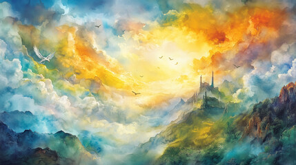Naklejka premium Majestic Watercolor Castle in the Clouds with Vibrant Sunrise and Flying Doves