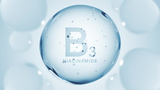 Vitamin B3 niacinamide. Niacin drop pill capsule. B 3 Nicotinamide bubble abstract 3D background