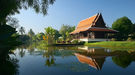 Fototapeta premium 74. A tranquil garden view with a small pond and traditional bamboo features at Pavilion Pha Leuang Resort