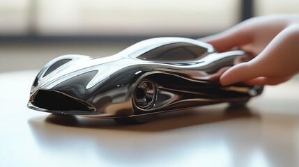 46.A realistic rendering of a hand presenting a polished scale car model, showcasing the vehicle's smooth curves, aerodynamic structure, and metallic finish.