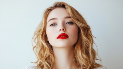 Fototapeta premium Beautiful blonde woman with red lips isolated on white background, AI generated image