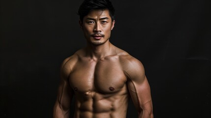 Fototapeta premium Muscular Asian man on black background, AI generated image