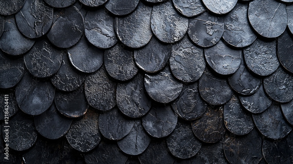 Poster black ceramic roof tiles interlock seamlessly, presenting a visually striking surface. their smooth 