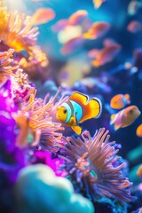 Clownfish swimming among vibrant coral reef and sea anemones, showcasing marine biodiversity, underwater ecosystem, and colorful aquatic life in ocean habitat.