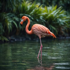 Fototapeta premium A flamingo standing in shallow tropical waters, side-view, with a lush green background softly blurred.
