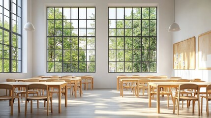 Bright and spacious classroom with wooden chairs, play areas, and big windows, perfect for kindergarten students.