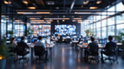 Obraz premium futuristic coworking lab with smart devices and collaborative spaces, full blurry view, no element in focus, natural lighting, tech-inspired design
