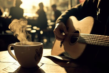 Coffee mug, acoustic guitar, and warm sunlight in a cozy cafe setting. Relaxing atmosphere, intimate music session, and a moment of creativity and comfort.