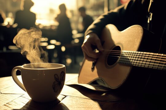 Coffee mug, acoustic guitar, and warm sunlight in a cozy cafe setting. Relaxing atmosphere, intimate music session, and a moment of creativity and comfort.
