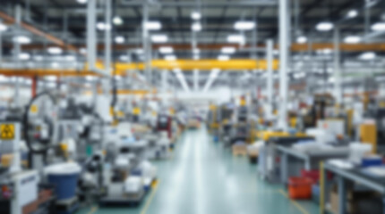 industrial plant interior with safety signage and organized equipment, full blurry view, no element in focus, bright lighting, modern design