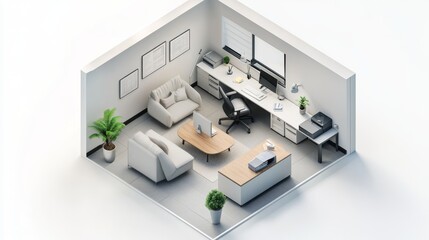 7.Isometric view of a manager room, office space, working room, 3D rendering