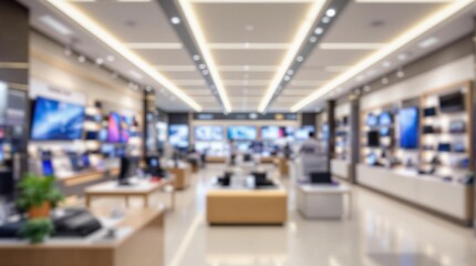spacious electronics store interior with modern layout and sleek displays, full blurry view, no element in focus, soft lighting, clean design