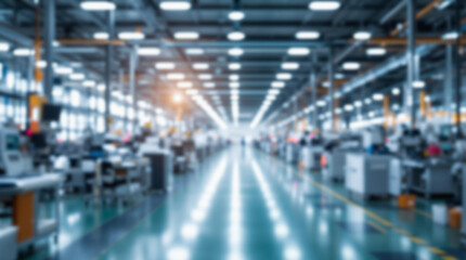 Fototapeta premium streamlined manufacturing floor with natural lighting and high-tech equipment, full blurry view, no element in focus, clean and organized layout