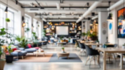 Fototapeta premium vibrant startup workspace with creative decor and modern furniture, full blurry view, no element in focus, bright lighting, open layout, contemporary design