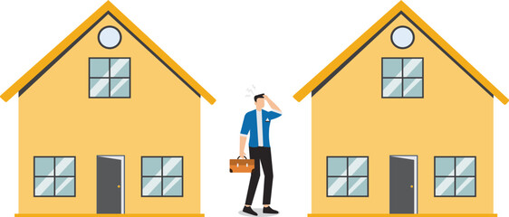 House buy or rent, choice between buying and renting concept, confused businessman choosing to rent a house or buy it