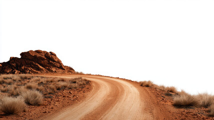 Cross the Australian outback. winding dusty trail leads to rocky isolated on white background