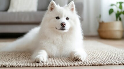 Fototapeta premium Beautiful dog sitting on the living room carpet, AI generated image